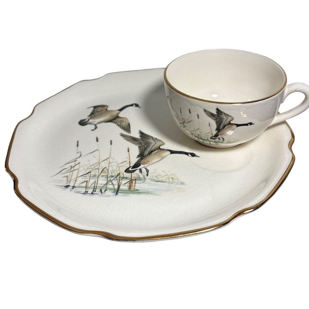 Georgina China Snack Plate & Tea Cup Flying Geese USA Cabincore Birds 1950's